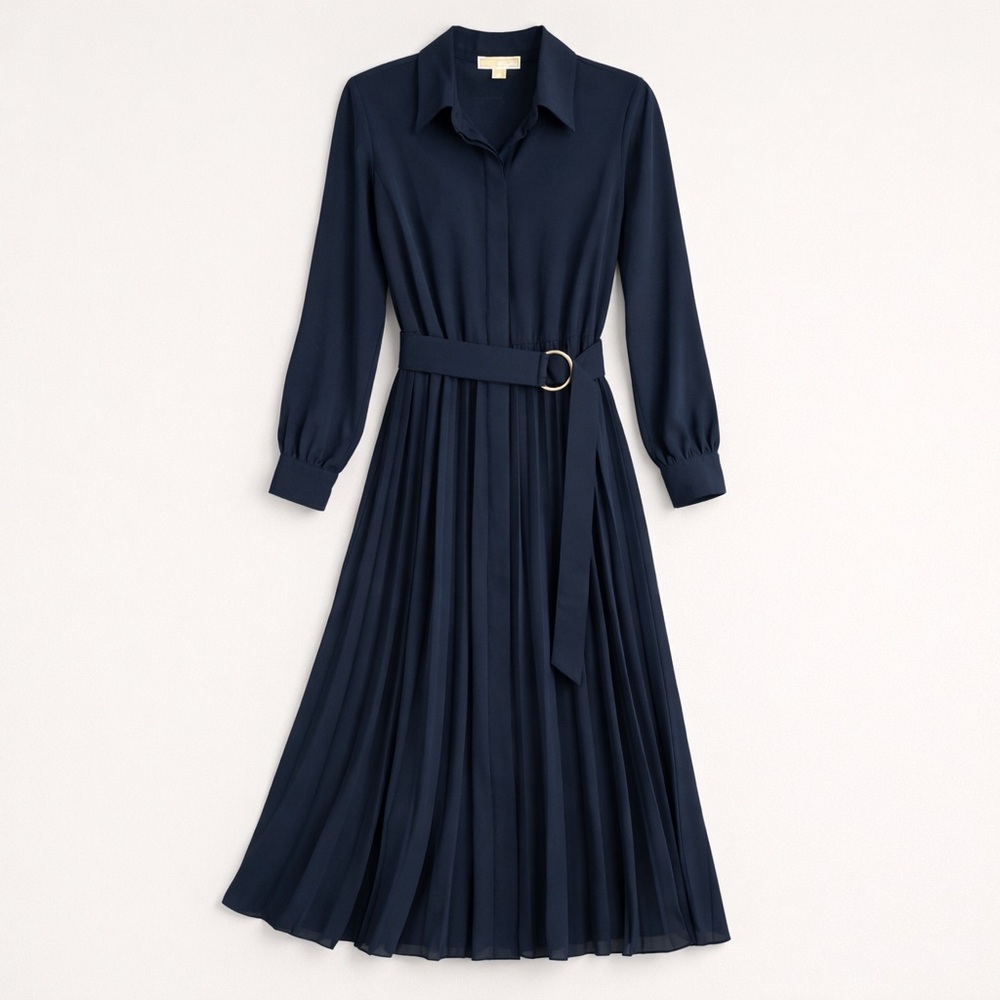 NWT Michael Kors | Navy Pleated Shirt Dress Belted Long Sleeve Capsule Wardrobe